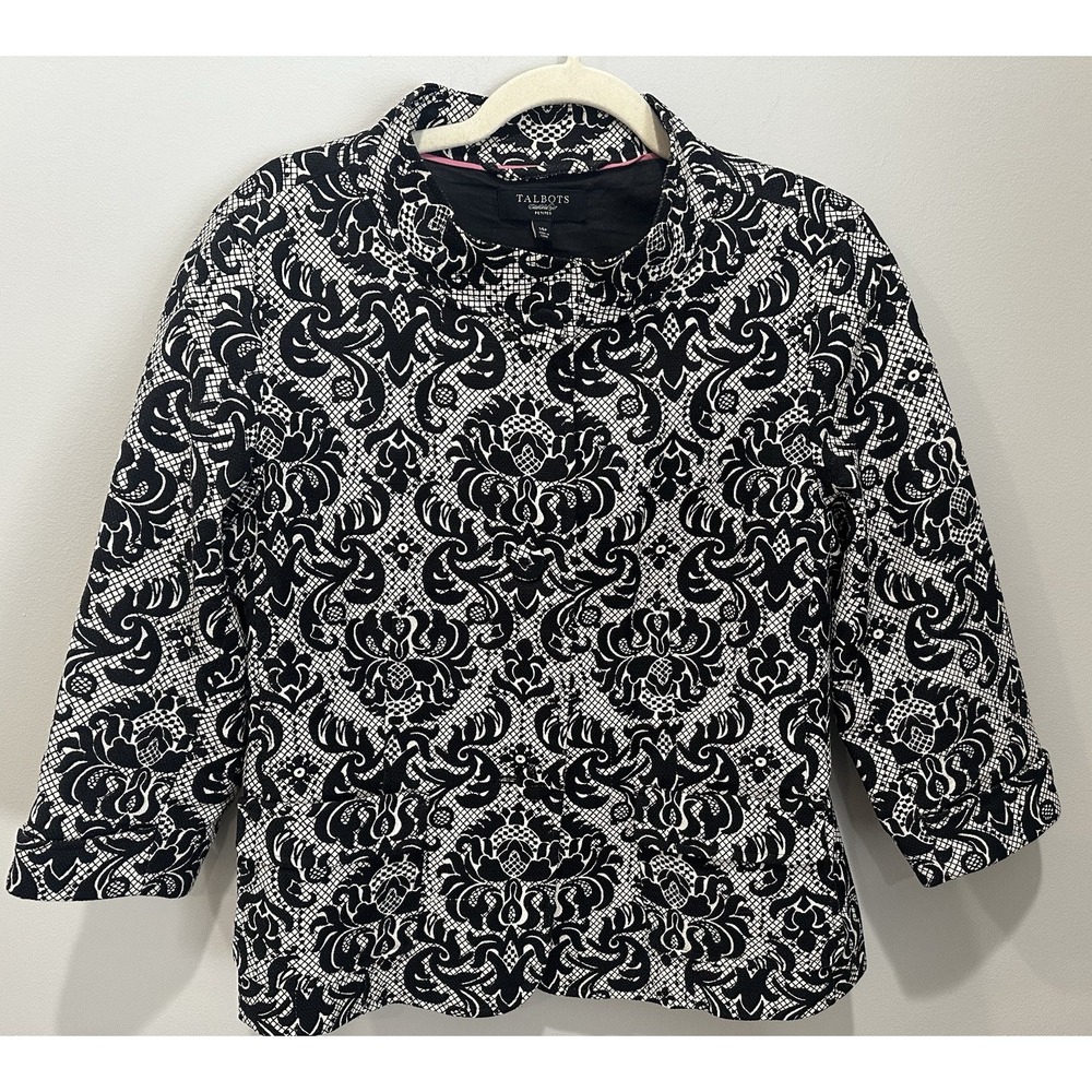 Talbots Blazer Women's 14 Petite Black White Jacket Floral Damask Blair Waldorf